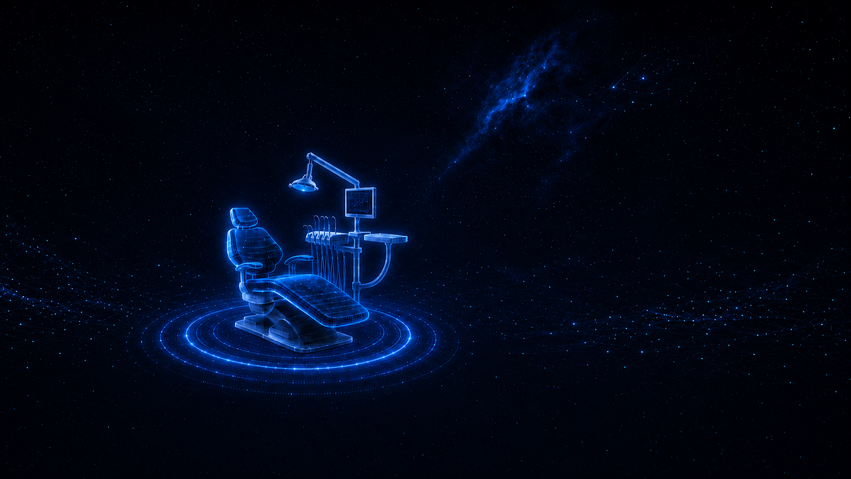Illustrated dental treatment chair and equipment rendered as a glowing, connected technology environment
